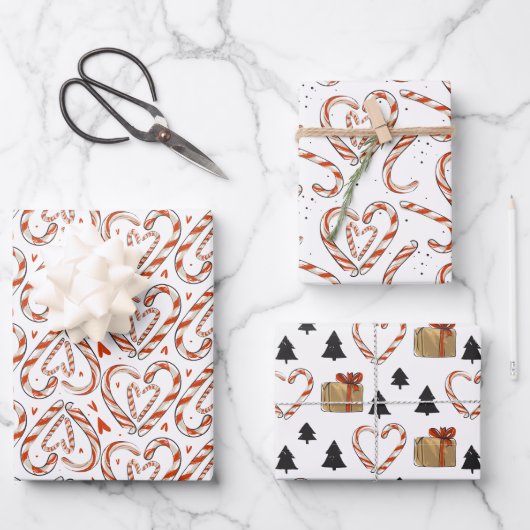 クリスマスキャンディキャン、ハート、木&ギフト ラッピングペーパーシート (正面)