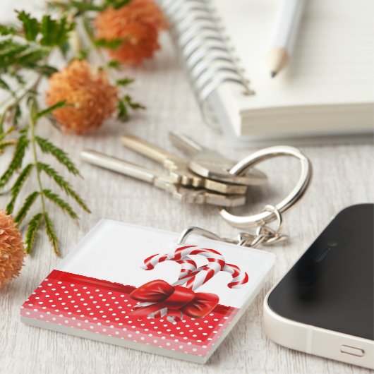 クリスマスキャンディーキャン赤と白ズ弓 キーホルダー (正面右)