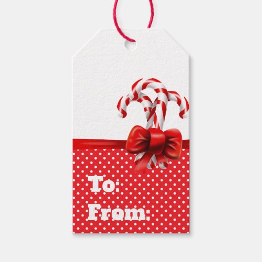 クリスマスキャンディーキャン赤と白ズ弓 ギフトタグ (正面)