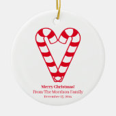 クリスマスキャンディーケインレッド白名前をカスタムするハート セラミックオーナメント (正面)