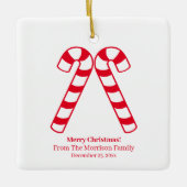 クリスマスキャンディーケインレッド白名前をカスタムするハート セラミックオーナメント (正面)