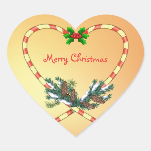 クリスマスキャンディーケイン、ホリー、松、コーンのステッカー ハートシール (正面)