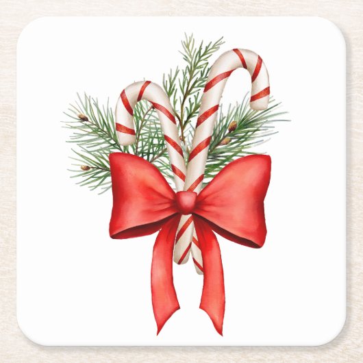 クリスマスキャンディーケーンウィンターカクテルナプキン スクエアペーパーコースター (正面)