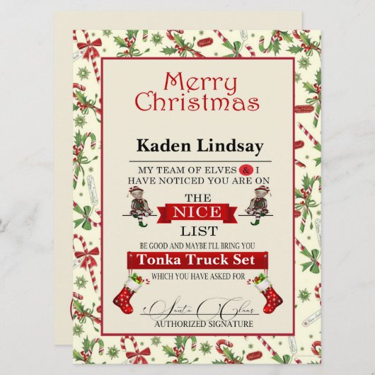 クリスマスキャンディーケーンサンタのナイスリスト シーズンカード (正面/裏面)