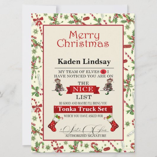 クリスマスキャンディーケーンサンタのナイスリスト シーズンカード (正面)