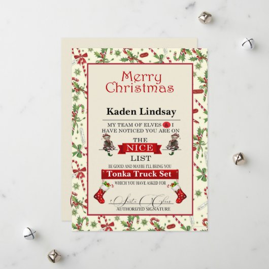 クリスマスキャンディーケーンサンタのナイスリスト シーズンカード (正面/裏面インサイチュ)