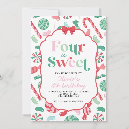 クリスマスキャンディ4は甘い4歳の誕生日 招待状 (正面)