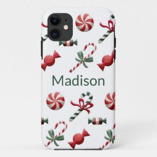 クリスマスキャンディ – 甘しょパーソナライズされた緑の名前 iPhone 11 ケース