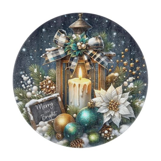 クリスマスキャンドルとポインセタス カッティングボード (正面)