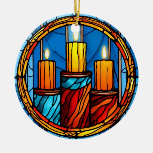 クリスマスキャンドルのステンドグラススタイル セラミックオーナメント (正面)