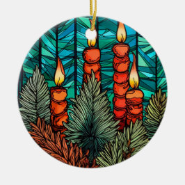 クリスマスキャンドルのステンドグラススタイル セラミックオーナメント