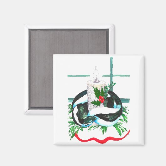 クリスマスキャンドルスクンクカワイイ包まれたーホリデー マグネット (正面/裏面)