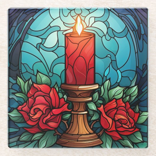 クリスマスキャンドルステンドグラス ガラスコースター (正面)