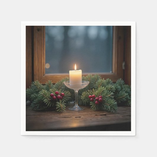 クリスマスキャンドルバイファームハウスウィンドウ スタンダードカクテルナプキン (正面)