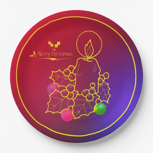 クリスマスキャンドルホリーラインスケッチレッド&ブルー9" ペーパープレート (正面)