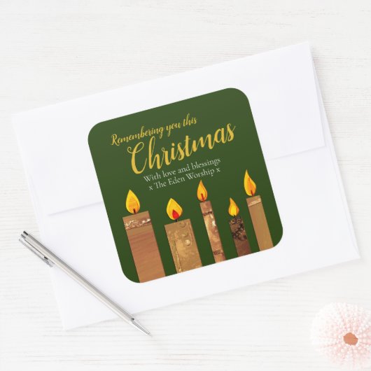 クリスマスキャンドル黄金の緑の崇拝紙アート スクエアシール (封筒)