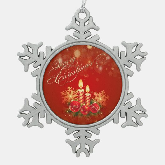 クリスマスキャンドル、ボール、雪片 スノーフレークピューターオーナメント (正面)