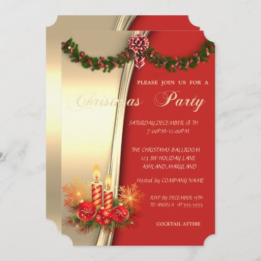 クリスマスキャンドル、レッド金ゴールドコーポレートパーティー 招待状 (正面/裏面)