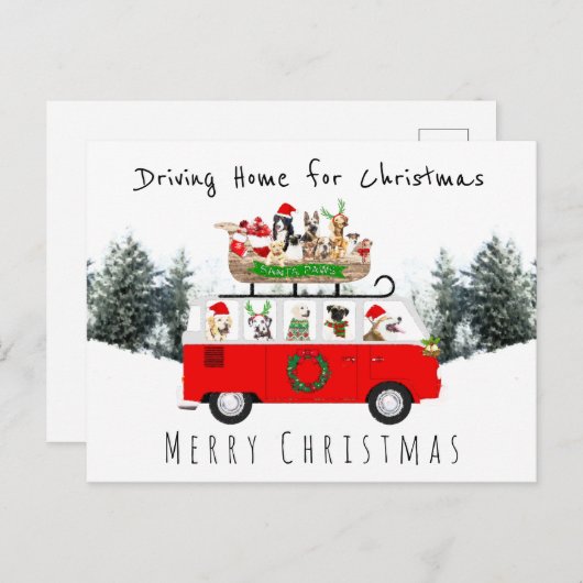 クリスマスキャンパーバンに車で家に帰るかわいい犬 ポストカード (正面/裏面)