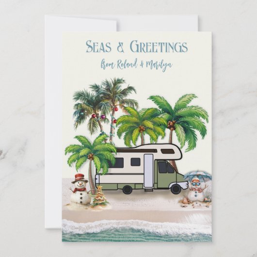 クリスマスキャンピングオートホーム雪だるまグリーティングカード 招待状 (正面)