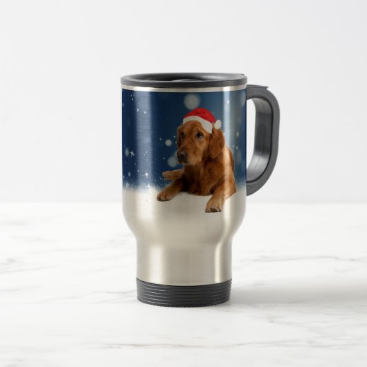 クリスマスキュートゴールデンレトリエバードッグサンタハットスノー トラベルマグ (正面右)