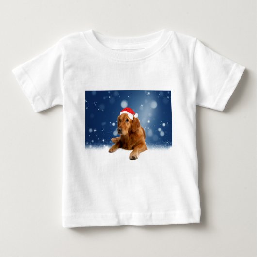 クリスマスキュートゴールデンレトリエバードッグサンタハットスノー ベビーTシャツ (正面)