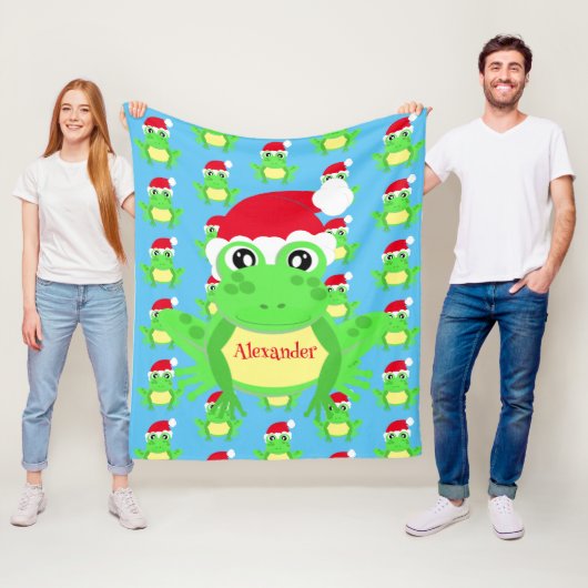 クリスマスキュートフロッグサンタハットブルーノベルティ フリースブランケット (インサイチュ)