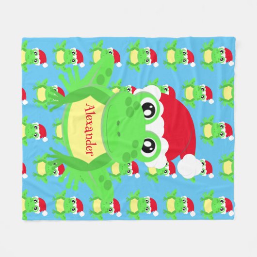 クリスマスキュートフロッグサンタハットブルーノベルティ フリースブランケット (正面(横))