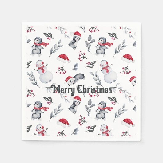 クリスマスキュートペンギンフェスティバル雪だるまホリデイ スタンダードカクテルナプキン (正面)