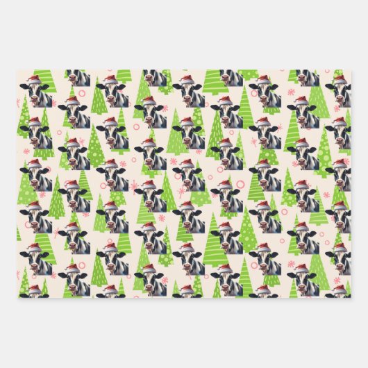 クリスマスキュート乳製品カウサンタハットホリデーファーム ラッピングペーパーシート (正面)