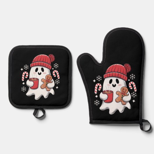 クリスマスキュート幽霊アイスコーヒーレトロクリスマスコーヒー 鍋つかみ&鍋敷きセット (正面)