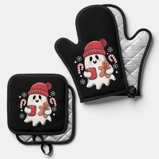 クリスマスキュート幽霊アイスコーヒーレトロクリスマスコーヒー 鍋つかみ&鍋敷きセット (正面/裏面)