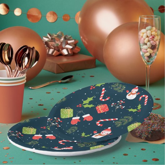 クリスマスキュート雪だるまホリデーパターン ペーパープレート (複数)