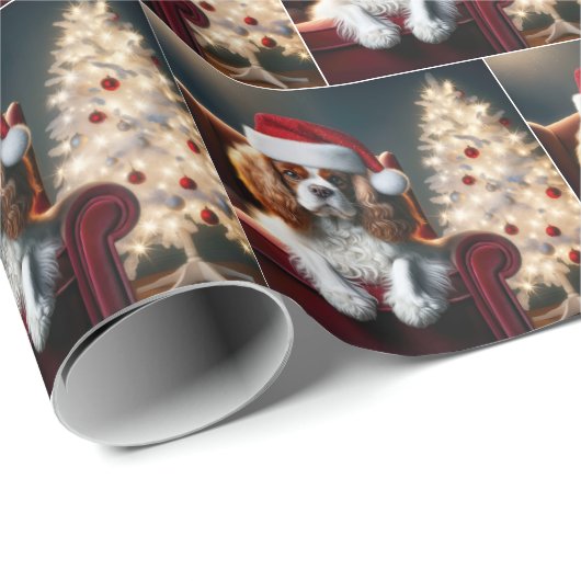 クリスマスキングチャールズスパニエル犬オンザレッドチェア ラッピングペーパー (ロールコーナー)