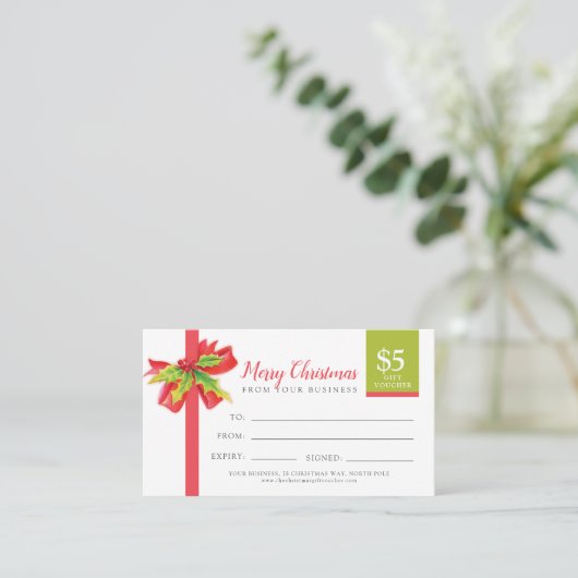 クリスマスギフトカード緑のリボン5ドル 割引カード (スタンド正面)