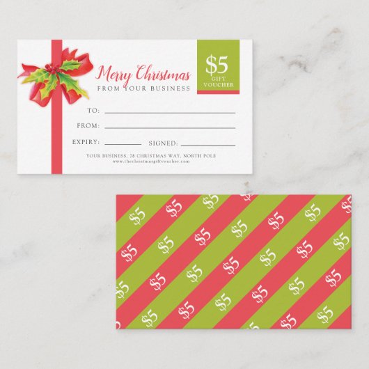 クリスマスギフトカード緑のリボン5ドル 割引カード (正面/裏面)