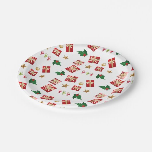 クリスマスギフトキャンディキャネスターホリー ペーパープレート (アングル)