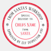 クリスマスギフトサンタのワークショップパーソナライズされた名 ラウンドシール (正面)