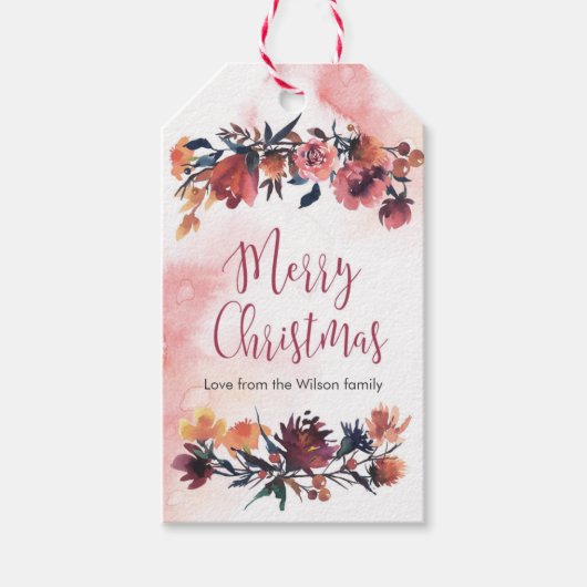 クリスマスギフトタグバーガンディ冬の花模様 ギフトタグ (正面)