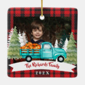 クリスマスギフトトラックツリー配信レッドプレイド セラミックオーナメント (裏面)