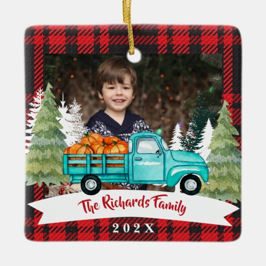 クリスマスギフトトラックツリー配信レッドプレイド セラミックオーナメント (正面)