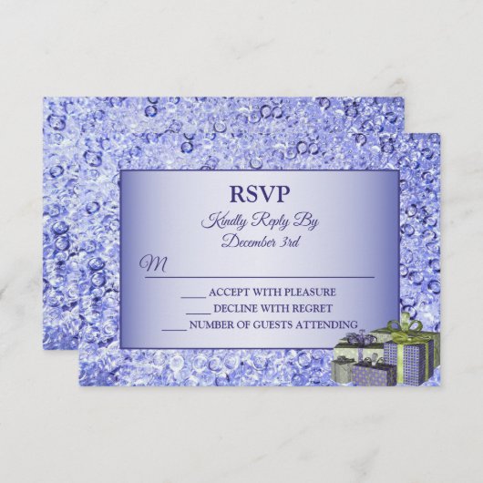 クリスマスギフトブルー光沢のあるクリスタル輝く休日 出欠カード (正面/裏面)