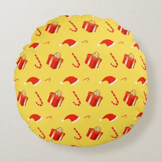 クリスマスギフトボックスサンタハットキャンディーケーン ラウンドクッション (正面)