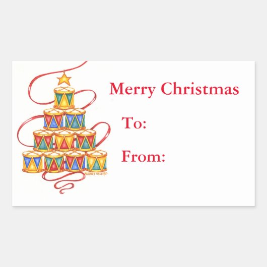 クリスマスギフトラベルのドラムの木 長方形シール (正面)