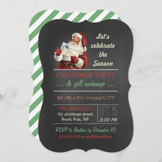 クリスマスギフト交換ヴィンテージサンタチョークボード 招待状 (正面/裏面)