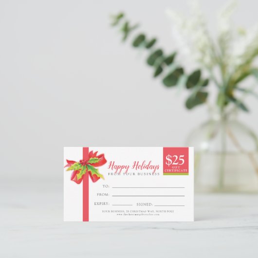 クリスマスギフト券赤緑のリボン25ドル 割引カード (スタンド正面)