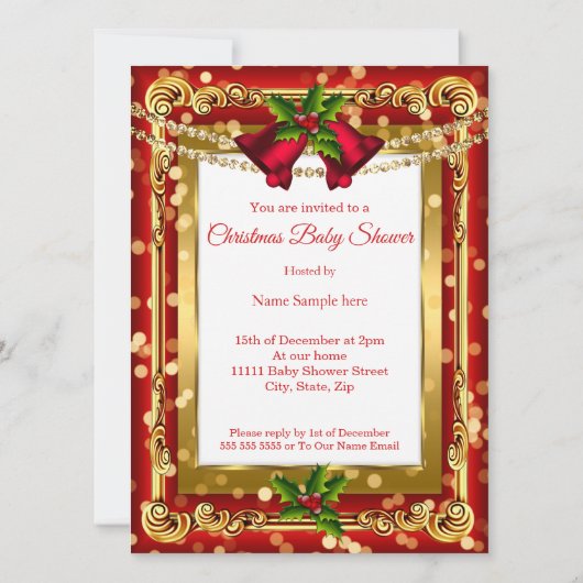 クリスマスギフト女の子の男の子の赤シャワーレッド金ゴールド 招待状 (裏面)