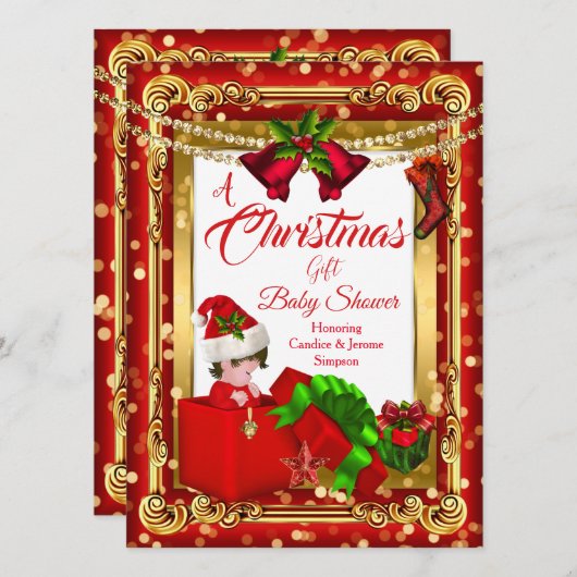 クリスマスギフト女の子の男の子の赤シャワーレッド金ゴールド 招待状 (正面/裏面)
