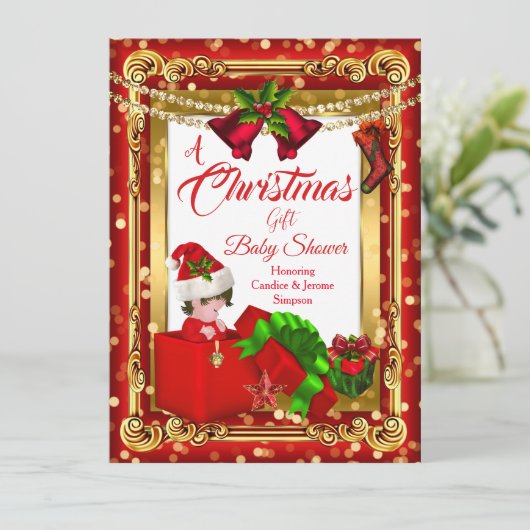 クリスマスギフト女の子の男の子の赤シャワーレッド金ゴールド 招待状 (スタンド正面)