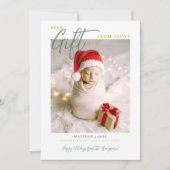 クリスマスギフト書道モダン緑のベビー写真 案内状 (正面)
